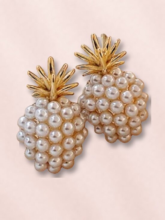 Jewelry - Faux Pearl Pineapple Stud Earrings with Gold Plated Leaf Top NWT